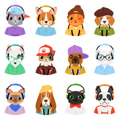 Naklejka premium Animal in headphones vector animalistic character cat or dog in earphones listening to music illustration set of cartoon wild doggy and kitty dj in headgear or earbuds isolated on white background