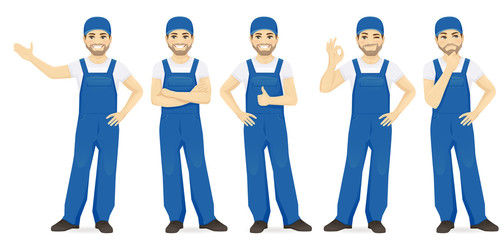 Man in blue overalls set with different gestures isolated - obrazy, fototapety, plakaty