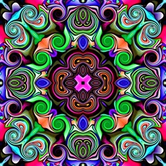 Computer graphics. Illustration of an abstract floral background, psychedelic symmetrical ornament. Traditional oriental mosaic for design, carpet pattern, chasing, wallpaper. tapestry