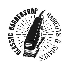 Barbershop emblem with electrical hair clipper - obrazy, fototapety, plakaty