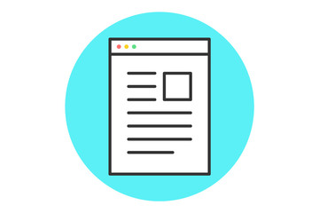Icon of web page. White web page with text in line graphic. White web page isolated on color blue mint background. Vector Illustration