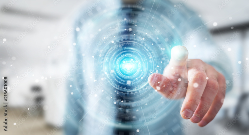 Poster businessman using digital network connection interface 3d rendering