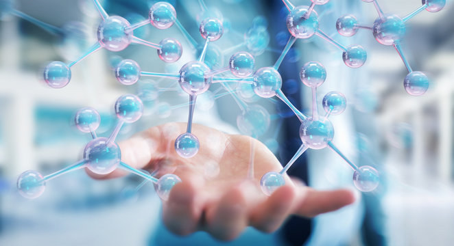 Businessman using modern molecule structure 3D rendering