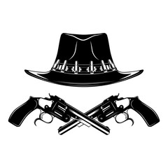Black and white vector image cowboy hat with revolvers