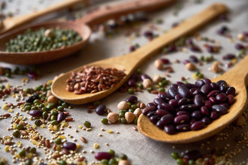 Legume, Legumes, Mung, Black, Red, Soy, Red Kidney Beans in wooden spoons put on the  table texture background