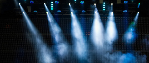 Lighting the Stage During a Musical Rock Concert and Artificial Fog. Web Banner.