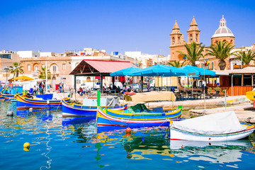 Marsaxlokk, Malta - Luzzu boats - obrazy, fototapety, plakaty