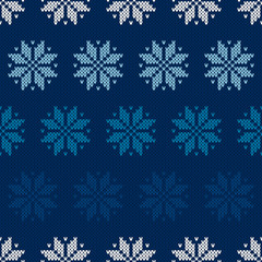 Winter Holiday Seamless Knitted Pattern with Snowflakes. Christmas and New Year Design Background. Knitting Sweater Design