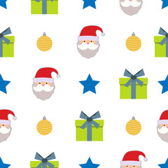 Christmas seamless pattern with star, christmas ball, gift box and Santa Claus on white background. Vector illustration
