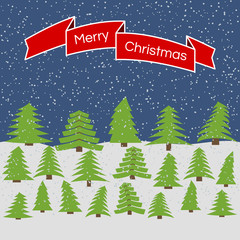 Night forest with falling snow and a red ribbon with the inscription Happy Christmas. Vector illustration.
