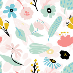 Seamless repeating pattern with floral elements in pastel colors on white background.