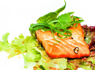 Delicious grilled salmon steak on white background. 
