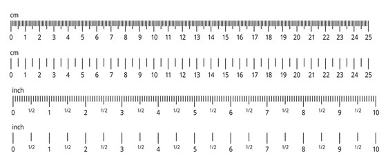 Inch and metric rulers. Centimeters and inches measuring scale. Precision measurement of ruler tools. Vector isolated set - obrazy, fototapety, plakaty