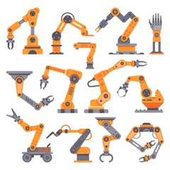 Fotobehang Flat manufacture robotic arm. Automatic robot arms, auto factory conveyor industrial equipment. Electronics robots hands vector set © Tartila