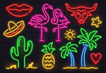 Retro fashion neon sign. Glowing fluorescent cactus, pink flamingo and bull signs. Bright palm, sombrero and pineapple vector set © Tartila