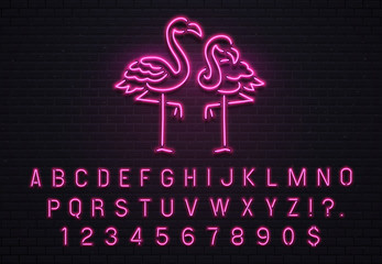 Flamingo neon sign. Pink 80s font. Tropical flamingos electric glow bar billboard with purple light bulb letters vector illustration © Tartila