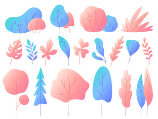 Minimal flat leaves with gradients. Color gradation trees, bushes and natural leaf. Floristic or botanical design vector set