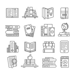Line Art book icons. Literary magazines, study diary and bible. Open textbook, ebook and audio books thin outline icon vector set