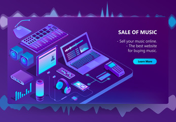 Vector 3d isometric template of e-commerce site of music, online store page with songs. Shopping service, payment by smartphone or laptop. Illustration with piano keyboard in violet, ultraviolet color