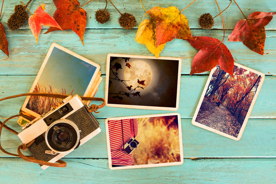 Retro camera and photo of memorie and nostalgia in fall.  Autumn memories concept. vintage color effect.