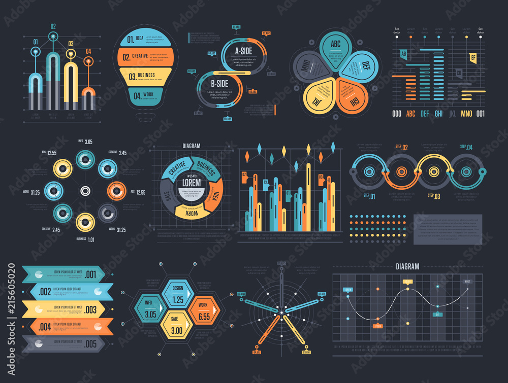 Poster Set of various multicolored infographic templates for data presentation arranged on black background