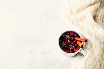 Mulled wine in cup with cranberry and spices