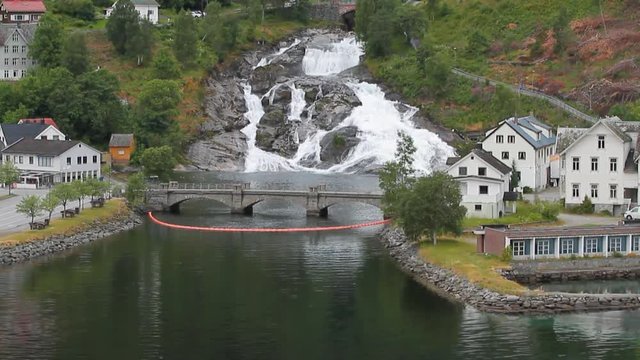 Settlement and falls on hillside. Hellesylt, Norway