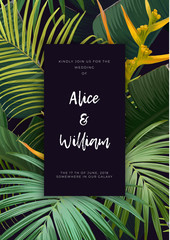 Fototapeta premium Floral wedding invitation with guzmania flowers, monstera and royal palm leaves. Exotic hawaiian vector background.