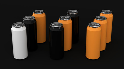 Raw of black, white and orange soda cans