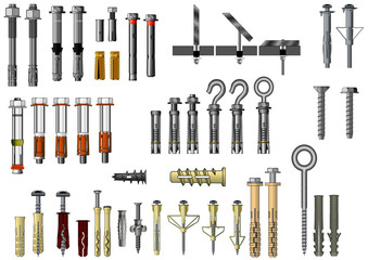 Set of metal and plastic fasteners: anchors, throughbolts, plugs, screws, hook bolts, concrete screws, drywall fixings - 215606483