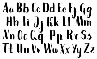 Handwritten brush pen letters. Black vector alphabet on white background. Brush pen script isolated.