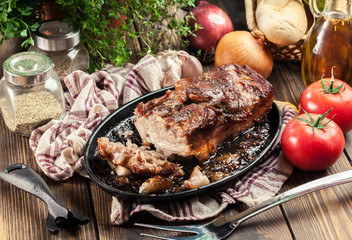 Still hot baked pork belly or bacon