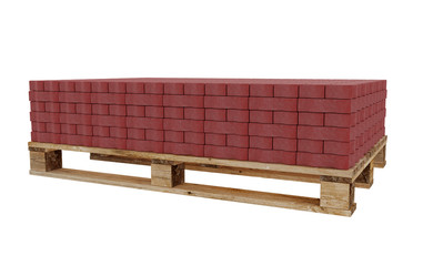 3D realistic render of red lock paving, placed on wooden palette. Isolated on white background.