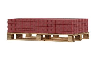 3D realistic render of red lock paving, placed on wooden palette. Isolated on white background.