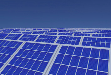 3d rendering. electirc energy generator system, solar cells panels field with copy space blue sky...