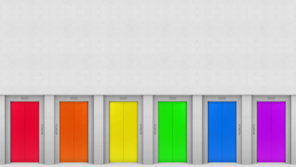 3d rendering. lgbt rainbow colorful elevator door style with copy space gray cement wall backgorund. everyone can entrance concept.