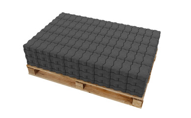 3D realistic render of black lock paving, placed on wooden palette. Isolated on white background.