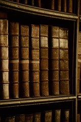 Old antique books standing on a shelf