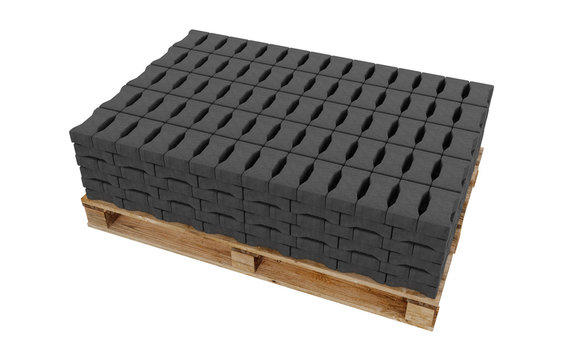 3D realistic render of black lock paving, placed on wooden palette. Isolated on white background.