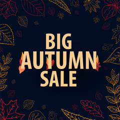 Autumn Sale banner with-hand draw doodle leaves on the background.
