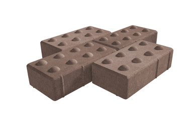 3D realistic render of three brown lock paving bricks. Isolated on white background.