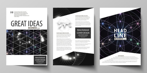 Business templates for brochure, magazine, flyer, booklet or annual report. Cover design template, vector abstract layout in A4 size. Sacred geometry, glowing geometrical ornament. Mystical background