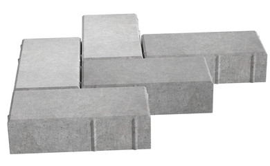 3D realistic render of six grey lock paving bricks. Isolated on white background.