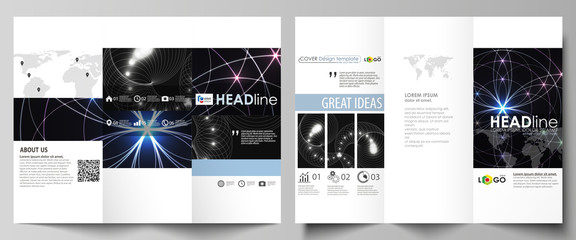 Tri-fold brochure business templates on both sides. Easy editable abstract vector layout in flat design. Sacred geometry, glowing geometrical ornament. Mystical background.