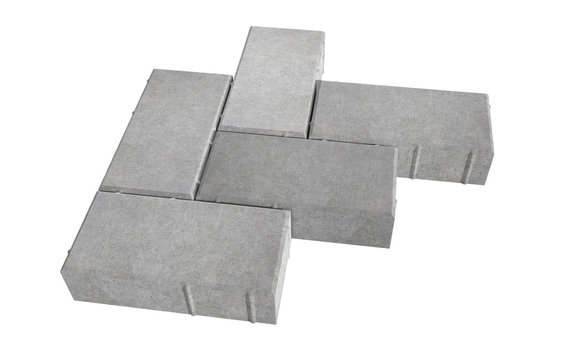 3D realistic render of six grey lock paving bricks. Isolated on white background.