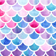 Mermaid scales. Watercolor fish scales. Bright summer pattern with reptilian scales. - 215610873