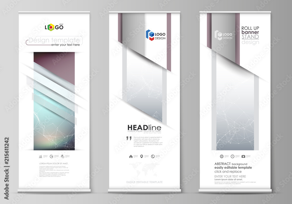 Wall mural roll up banner stands, abstract geometric design templates, vertical vector flyers, flag layouts. co