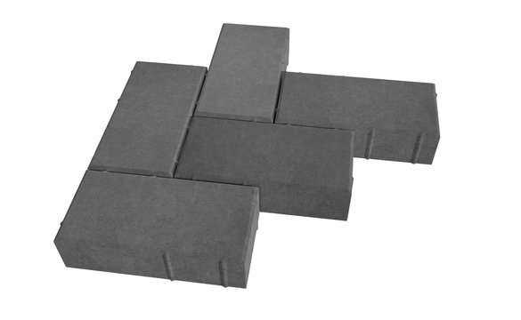 3D realistic render of six black lock paving bricks. Isolated on white background.