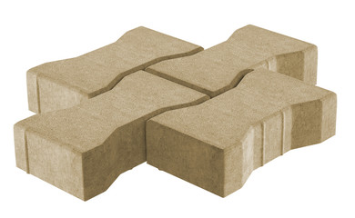 3D realistic render of three yellow lock paving bricks. Isolated on white background.