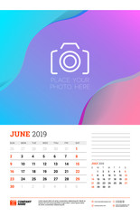 Fototapeta premium Wall calendar planner template for June 2019. Week starts on Sunday. Vector illustration